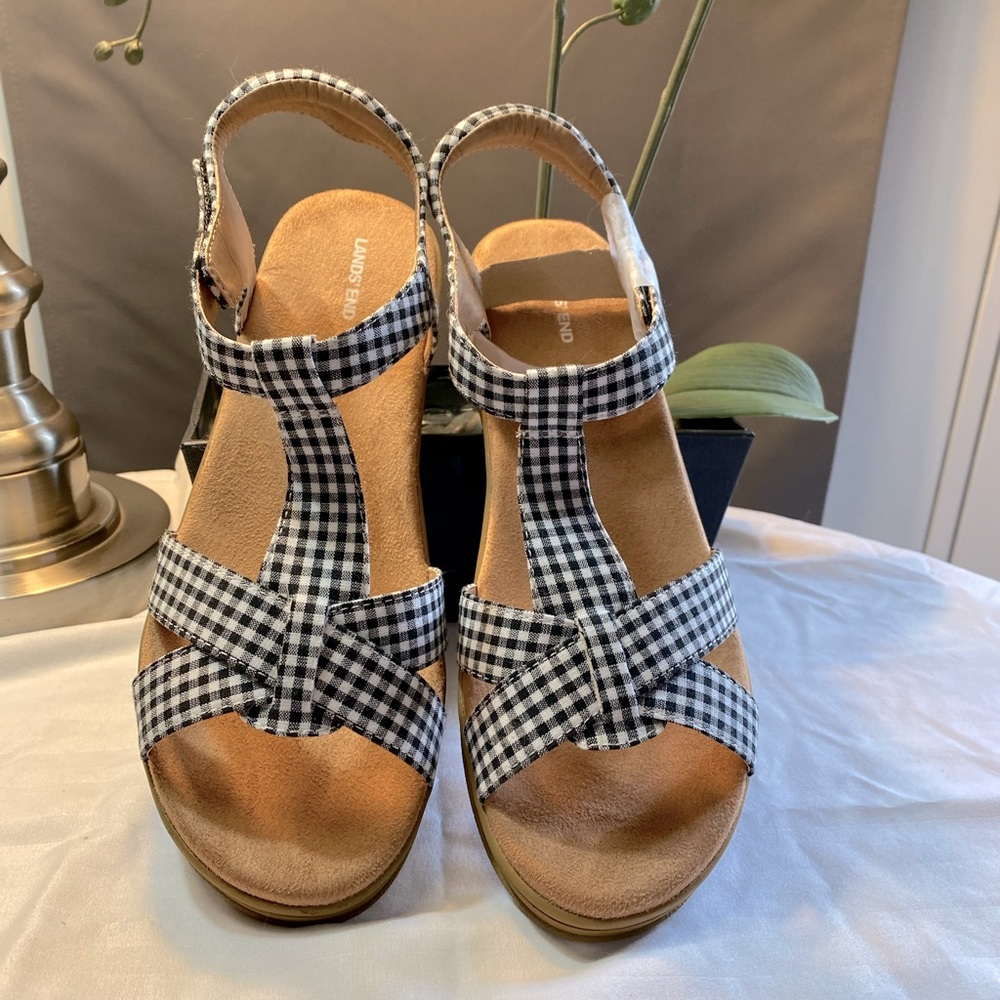 Lands End checked wedge sandals